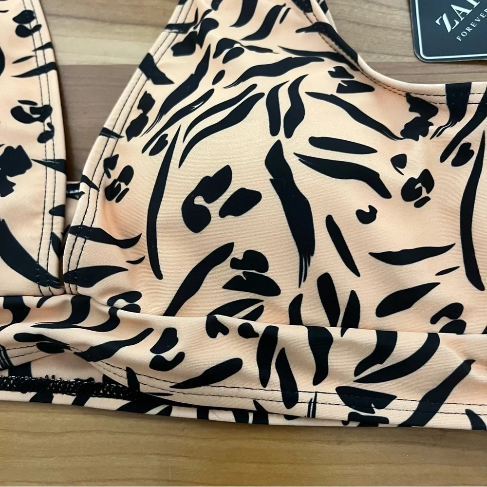 Zaful Animal Print Plunge Bikini‎ Top Tan Black Size 8 NEW